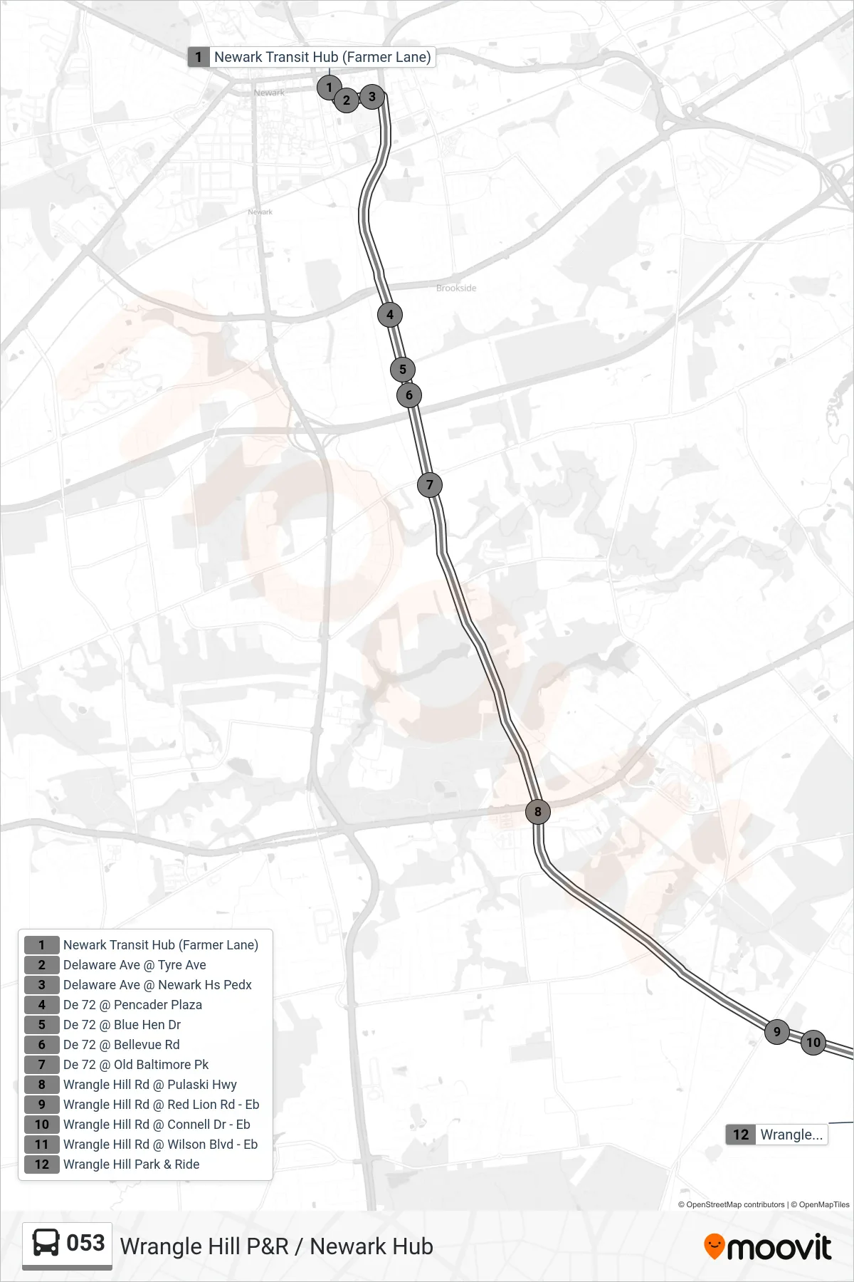 053 bus Line (53 Wrangle Hill P&R) route and stops on a map