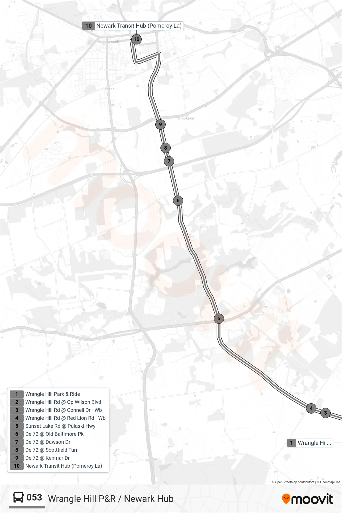 053 bus Line (53 Newark Hub) route and stops on a map