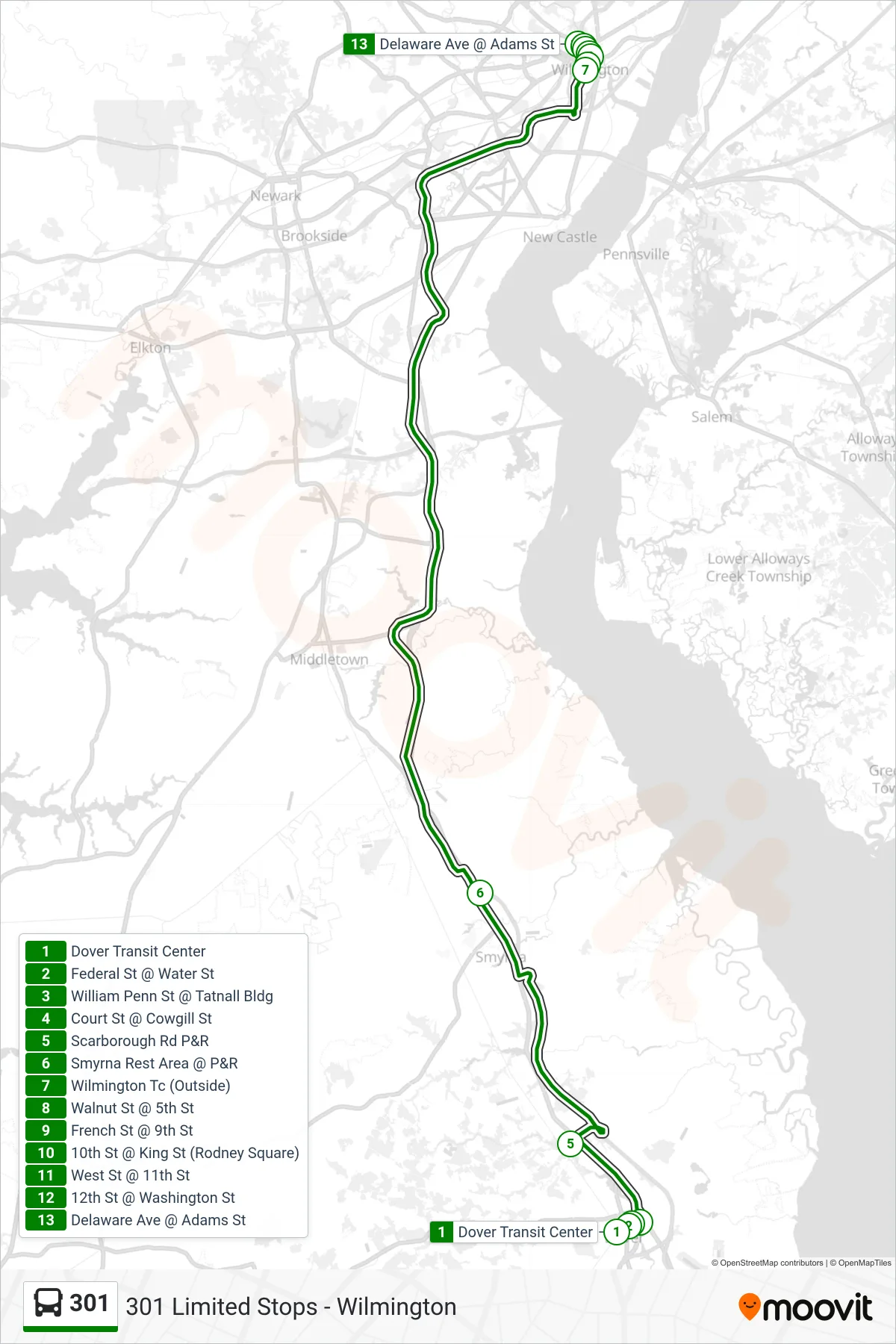 301 bus Line (301 Limited Stops - Wilmington) route and stops on a map