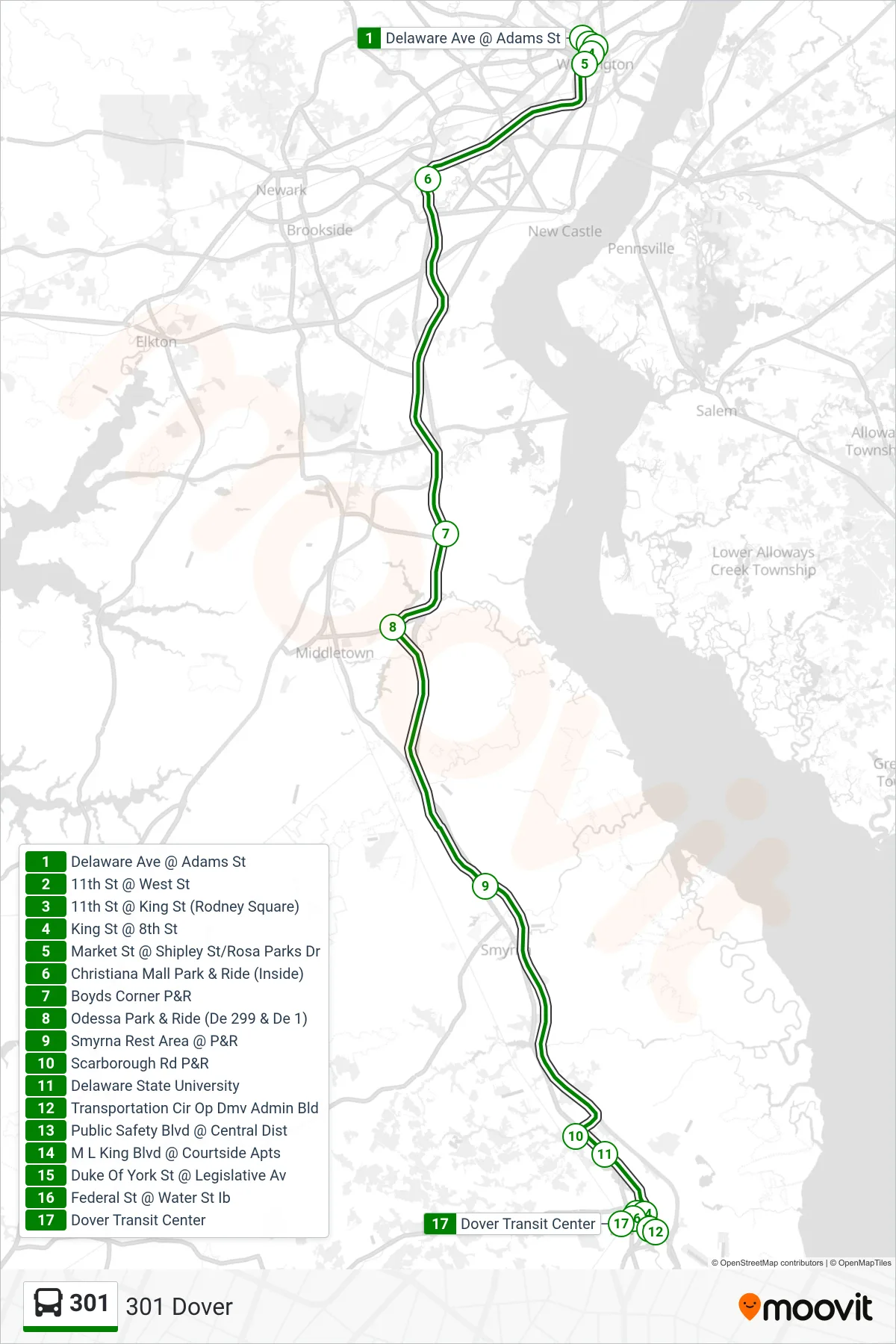301 bus Line (301 Dover) route and stops on a map
