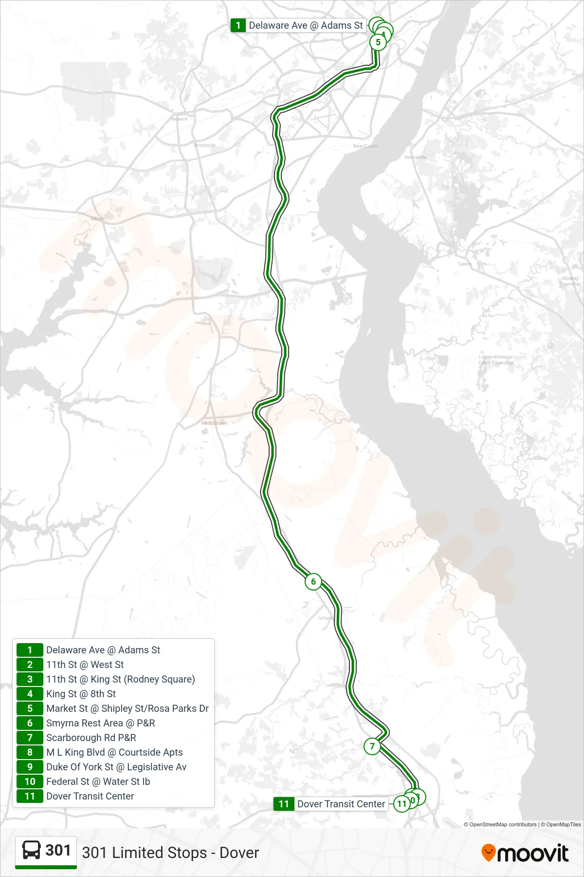 301 bus Line (301 Limited Stops - Dover) route and stops on a map