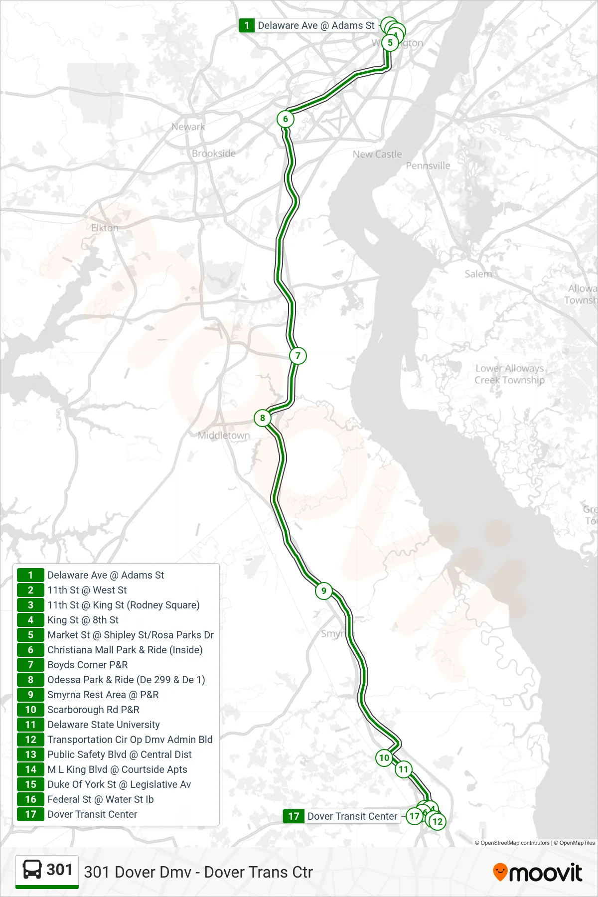 301 bus Line (301 Dover Dmv - Dover Trans Ctr) route and stops on a map