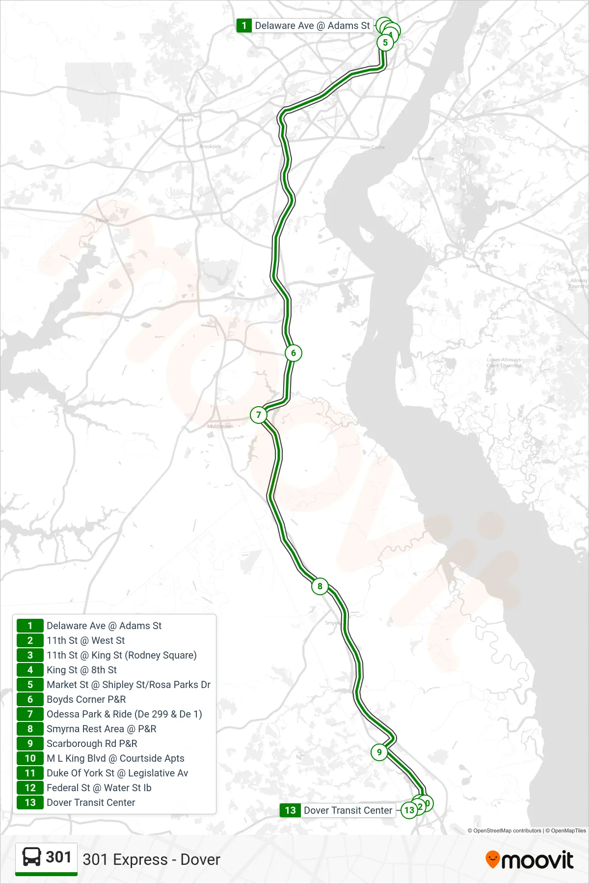 301 bus Line (301 Express - Dover) route and stops on a map