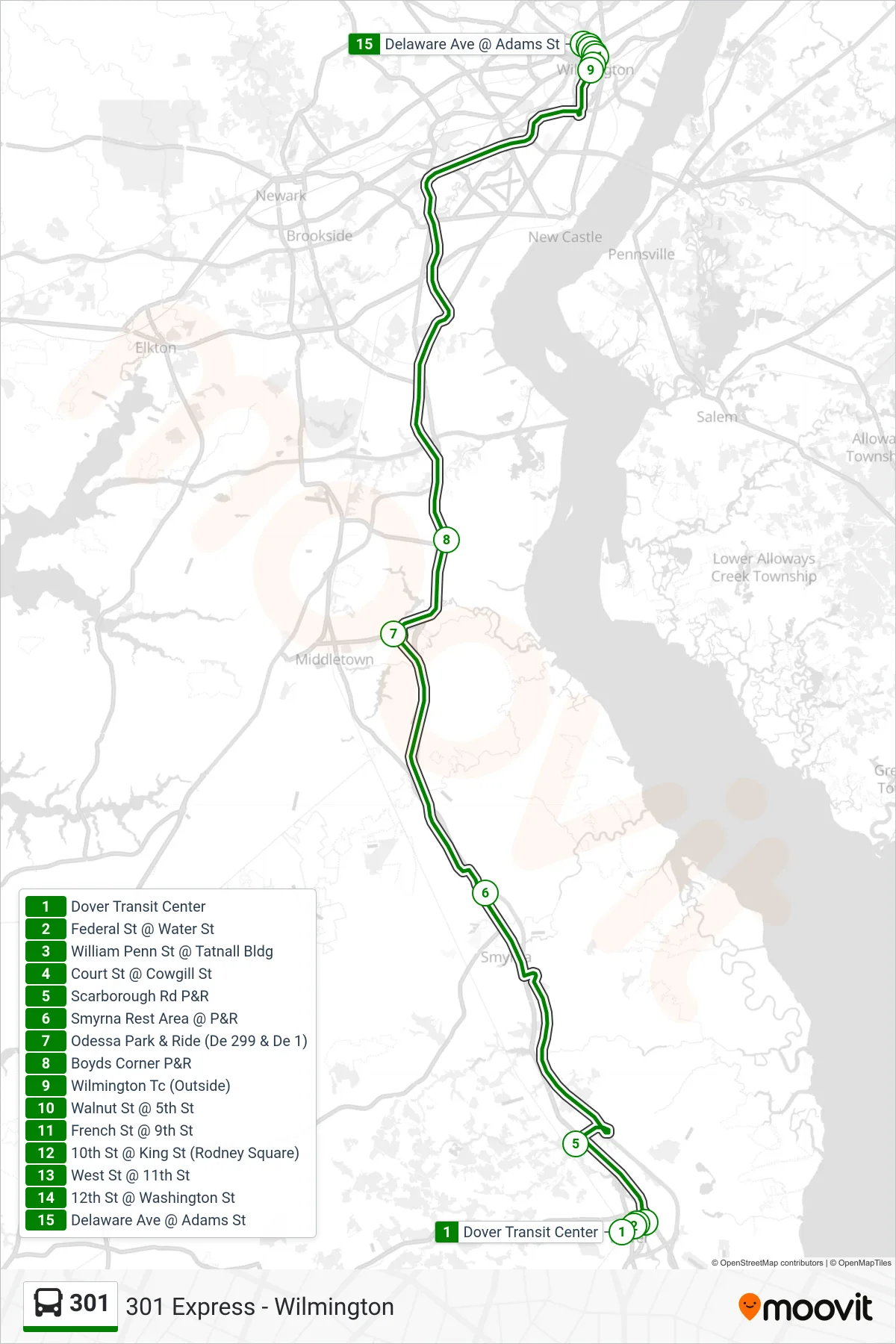 301 bus Line (301 Express - Wilmington) route and stops on a map