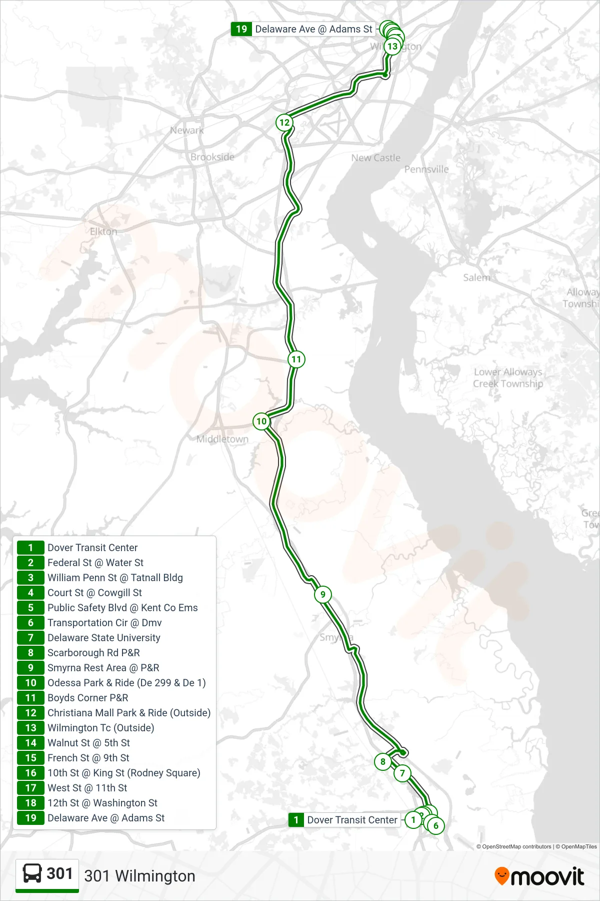 301 bus Line (301 Wilmington) route and stops on a map