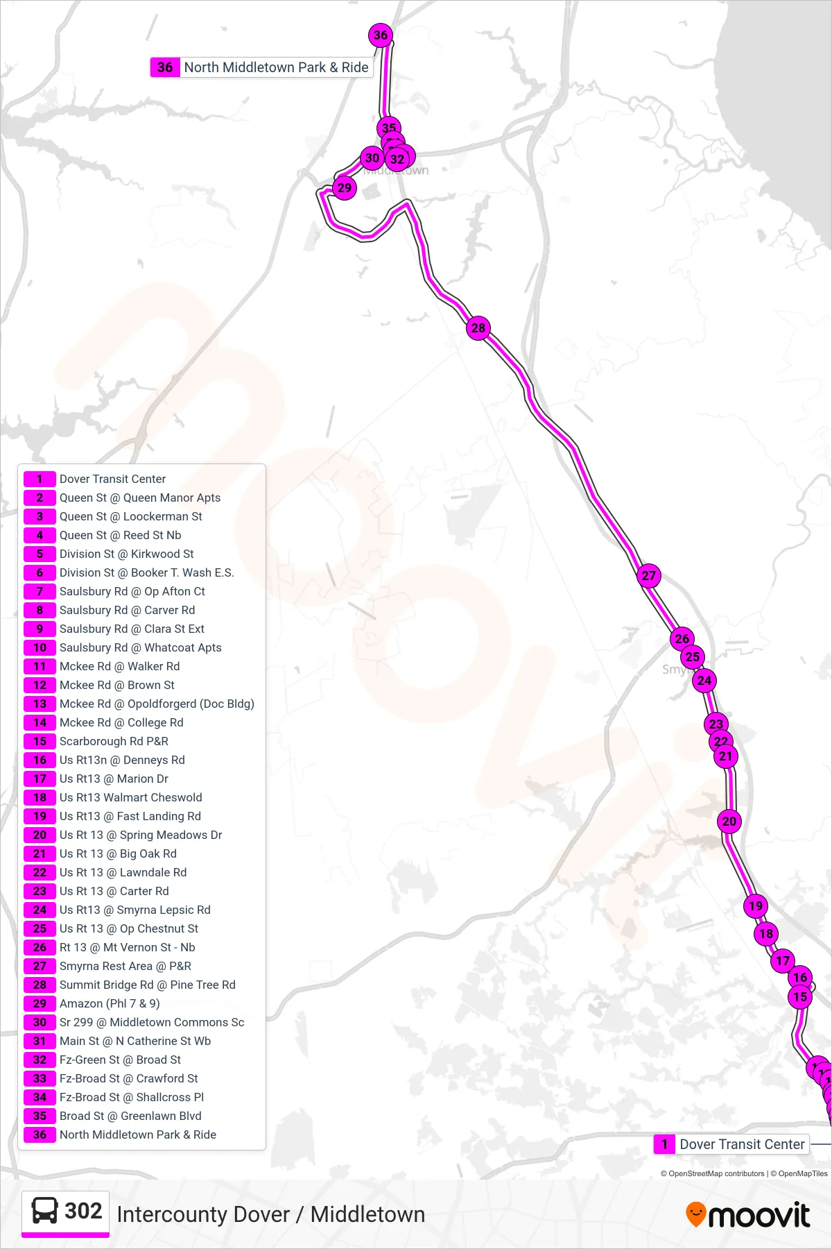 302 bus Line (302 Amazon - N Middletown P&R) route and stops on a map