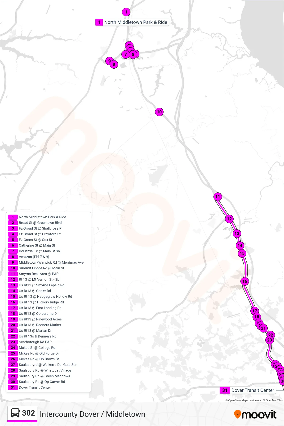 302 bus Line (302 Dover) route and stops on a map