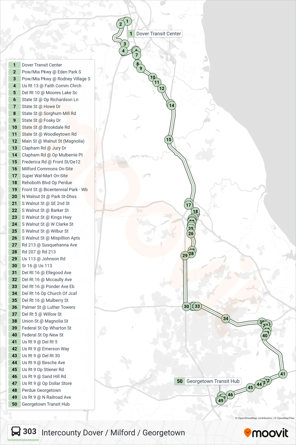 303 bus Line (303 Georgetown) route and stops on a map