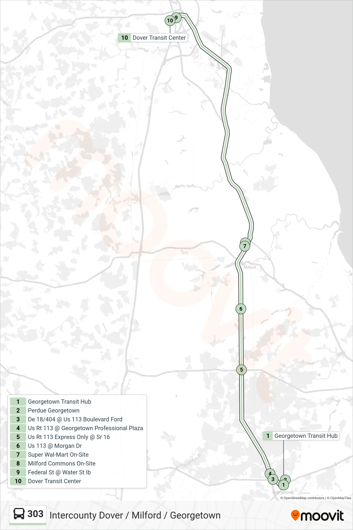 303 bus Line (303 Express - Dover) route and stops on a map