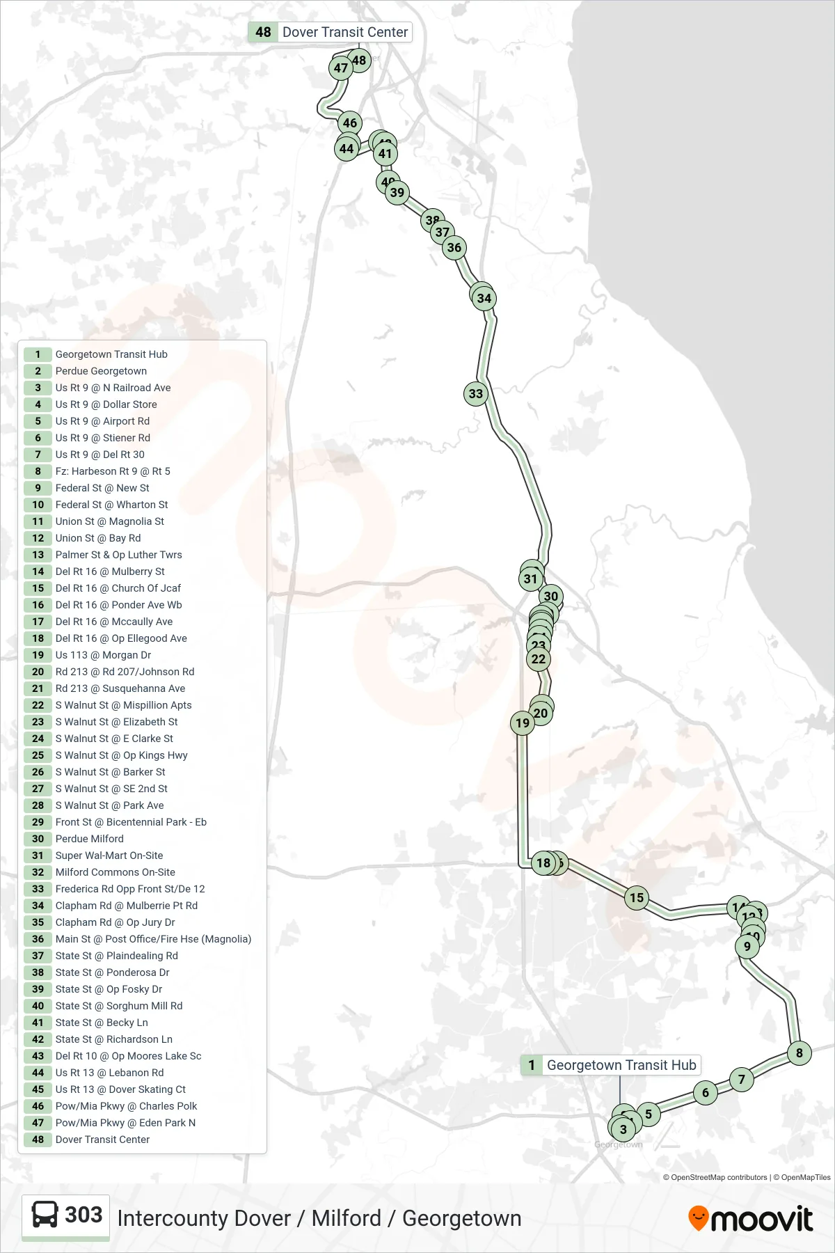 303 bus Line (303 Dover) route and stops on a map