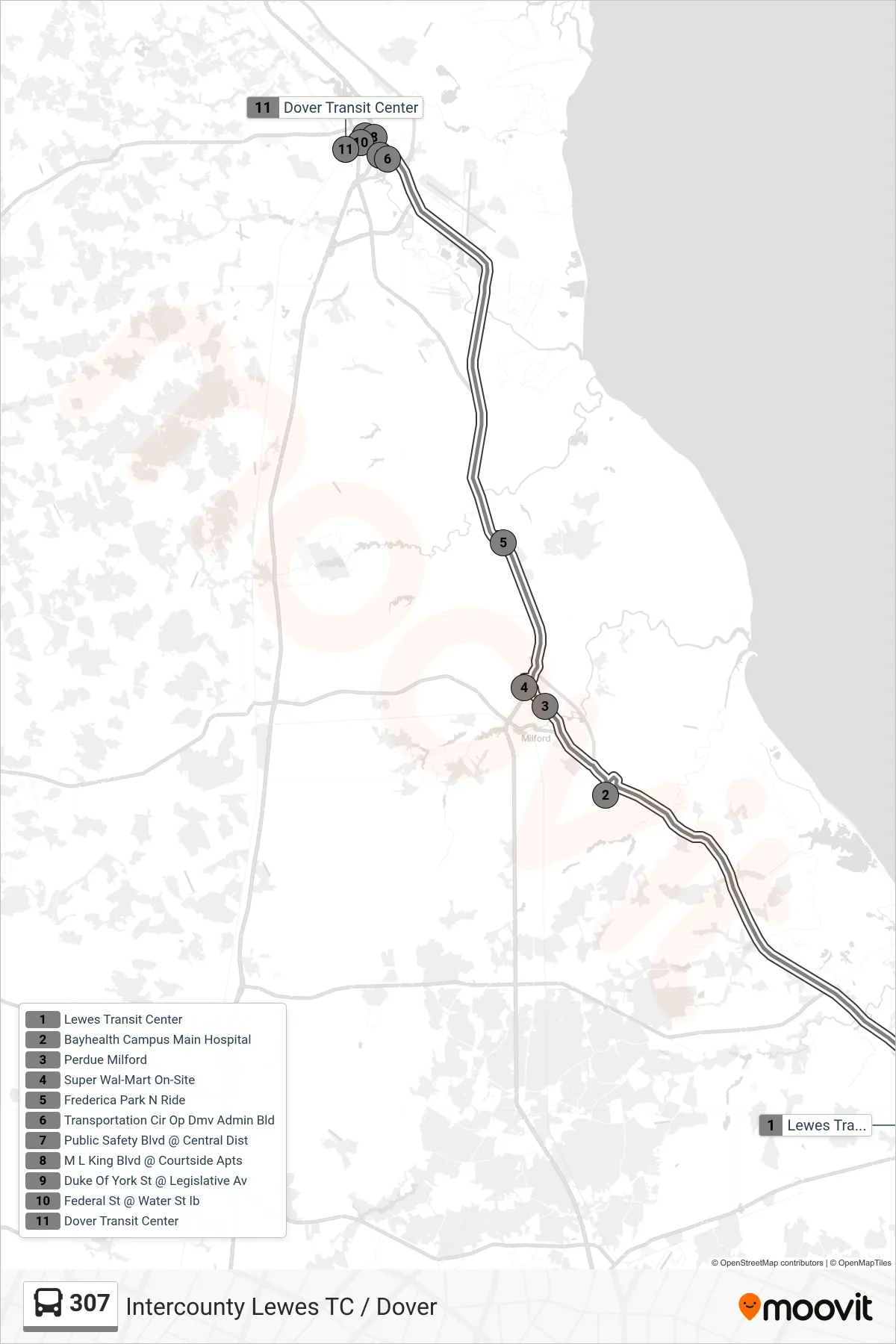 307 bus Line (307 Dover) route and stops on a map