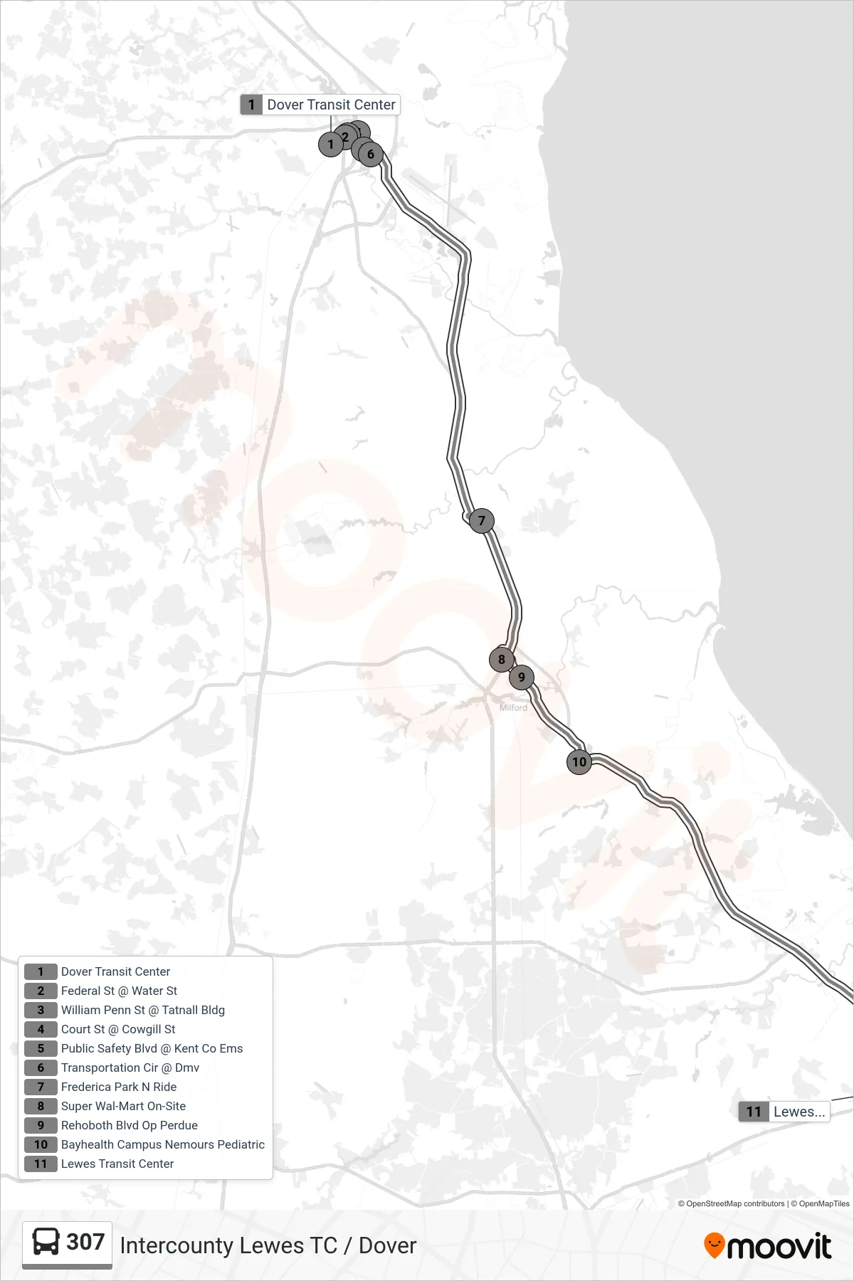 307 bus Line (307 Lewes Transit Ctr) route and stops on a map
