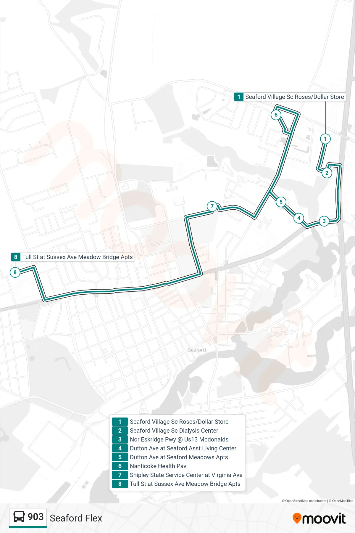 903 bus Line (903 Seaford Flex) route and stops on a map