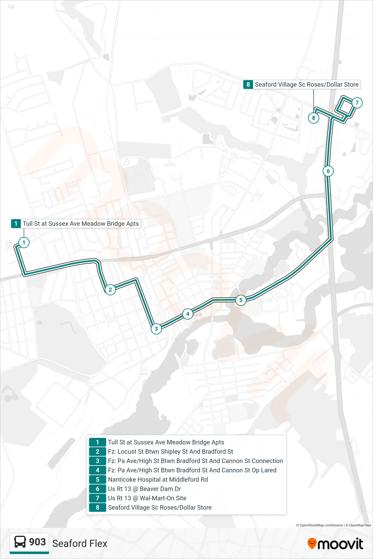 903 bus Line (903 Seaford Flex) route and stops on a map