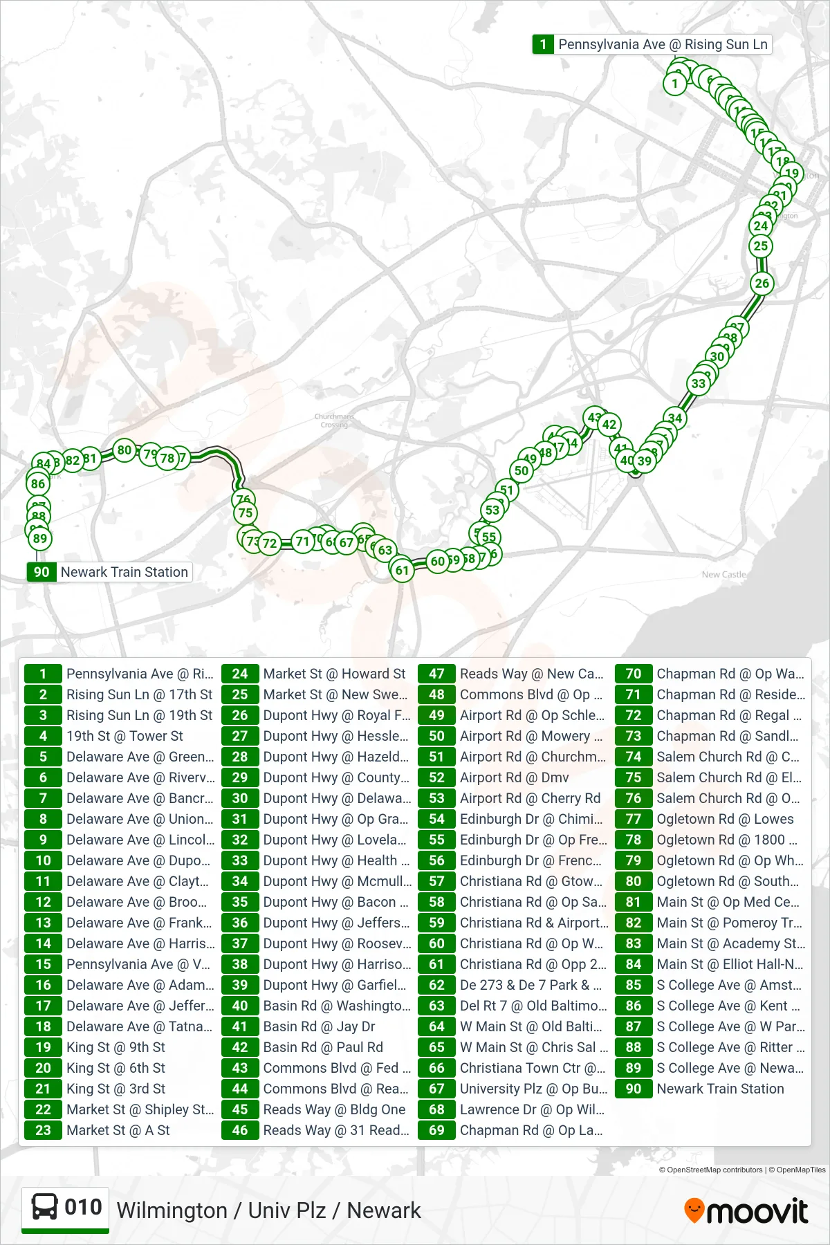 010 bus Line (10 Newark Station) route and stops on a map