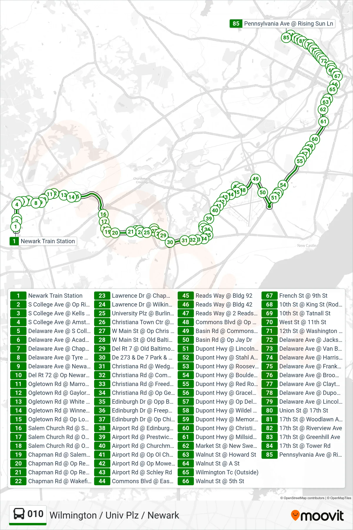 010 bus Line (10 Wilmington - Rising Sun Ln) route and stops on a map