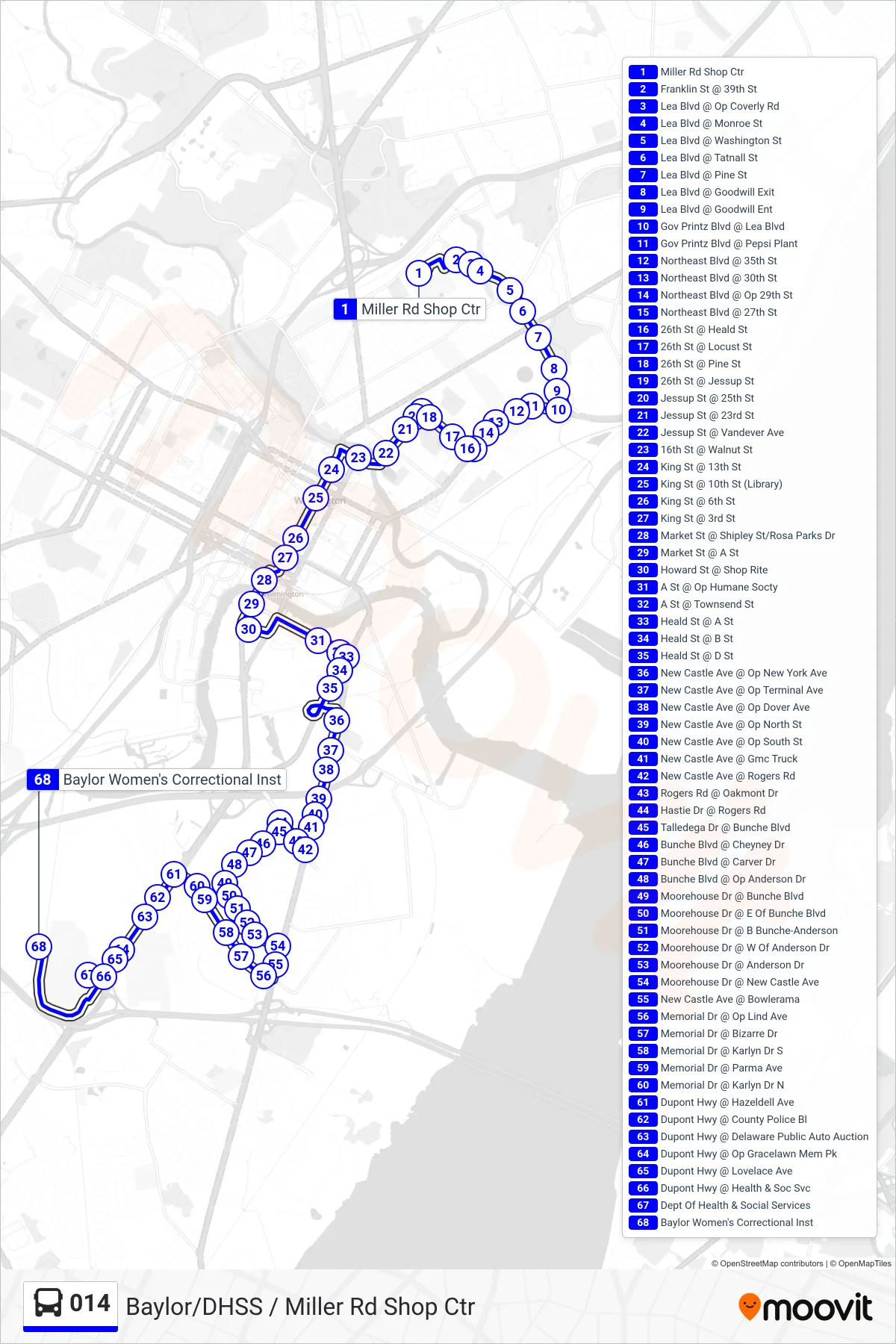 014 bus Line (14 Dhss Campus - Baylor Corr Facility) route and stops on a map