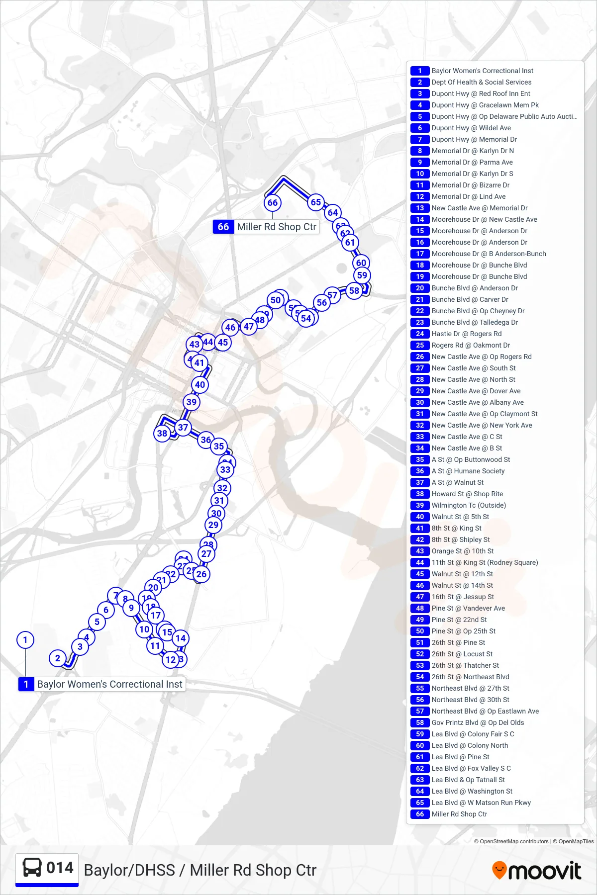 014 bus Line (14 Miller Rd Shop Ctr) route and stops on a map