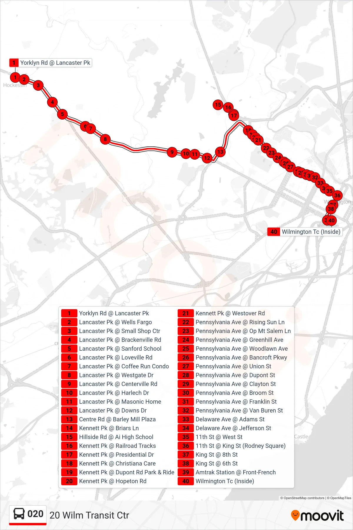 020 bus Line (20 Wilm Transit Ctr) route and stops on a map