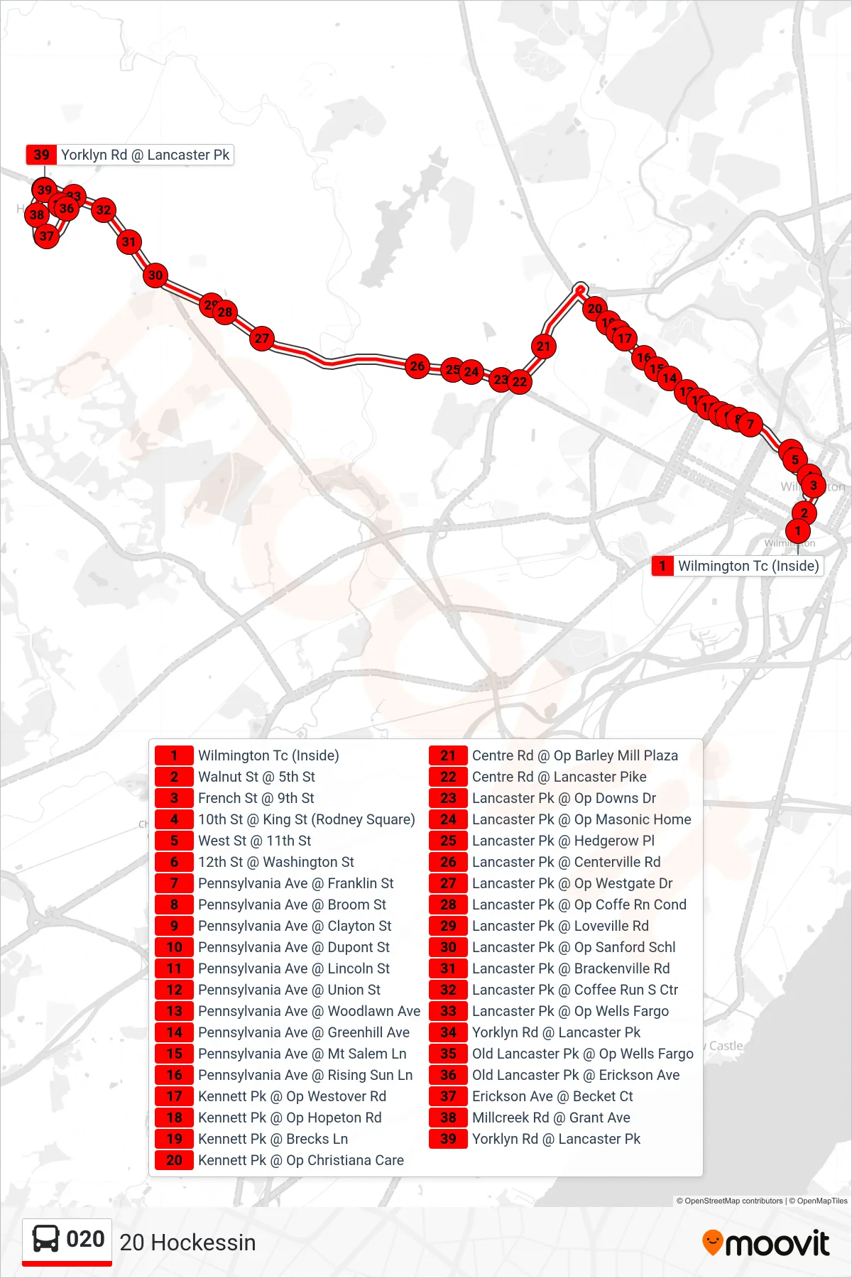 020 bus Line (20 Hockessin) route and stops on a map