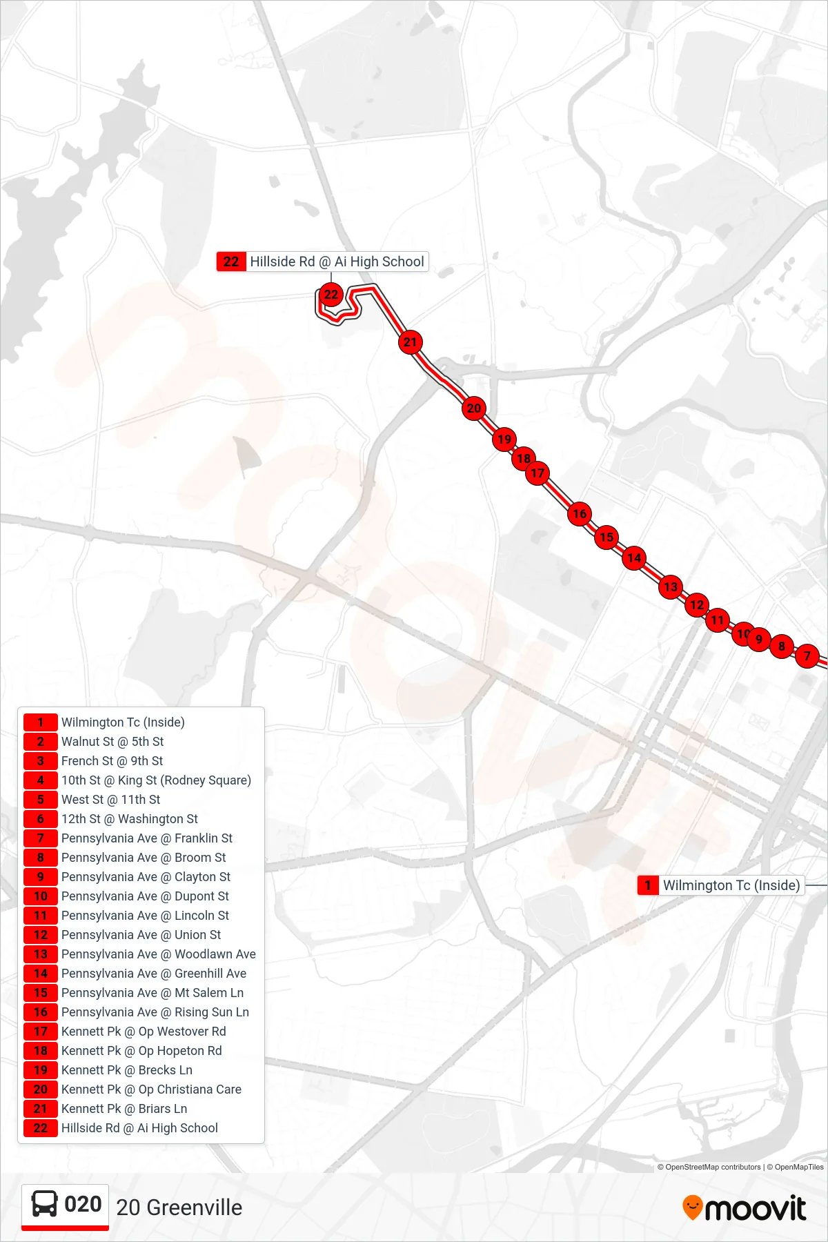 020 bus Line (20 Greenville) route and stops on a map