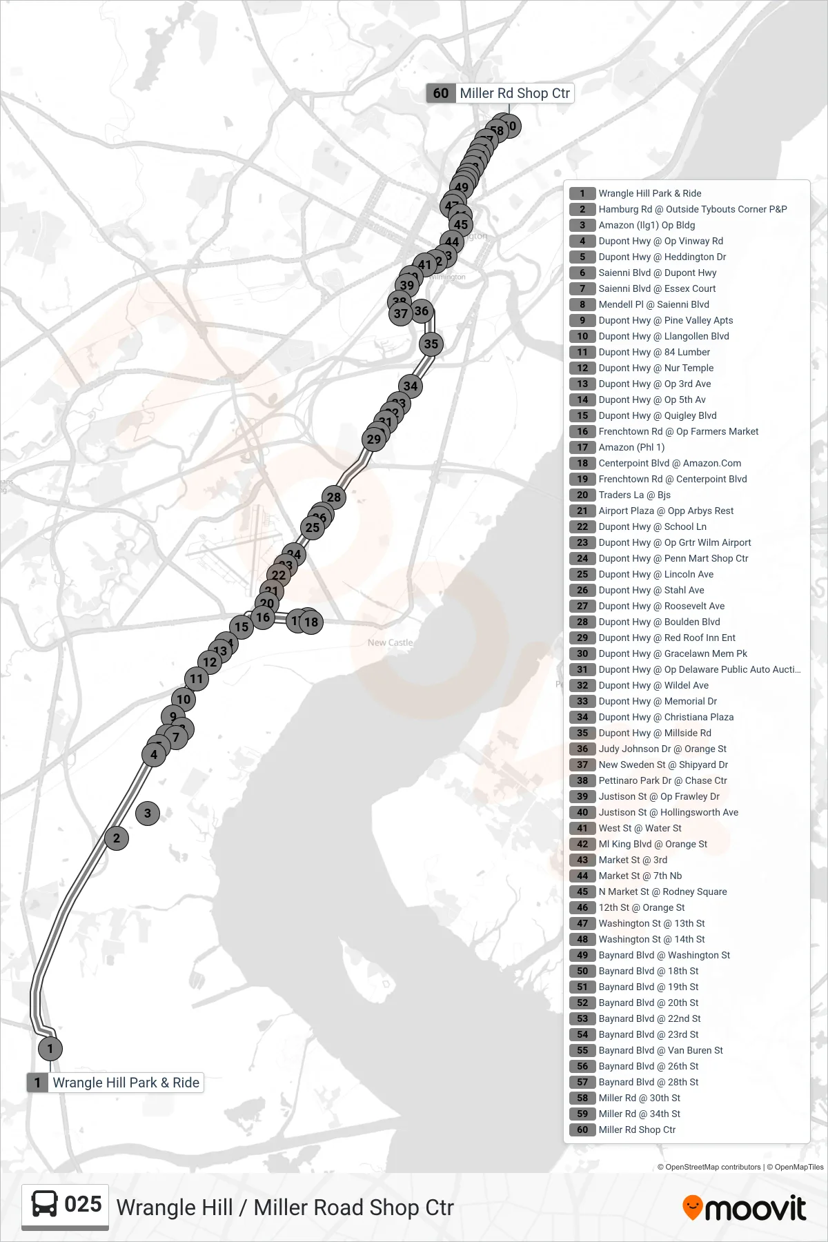 025 bus Line (25 Miller Rd Shop Ctr) route and stops on a map
