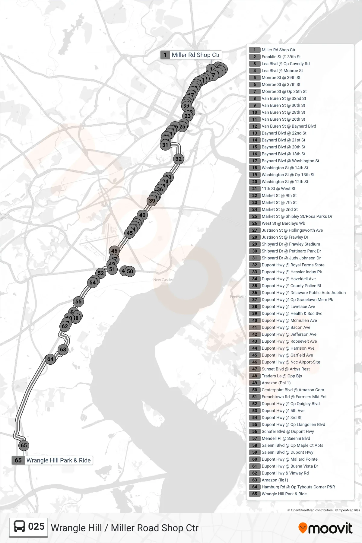 025 bus Line (25 Amazon - Wrangle Hill P&R) route and stops on a map