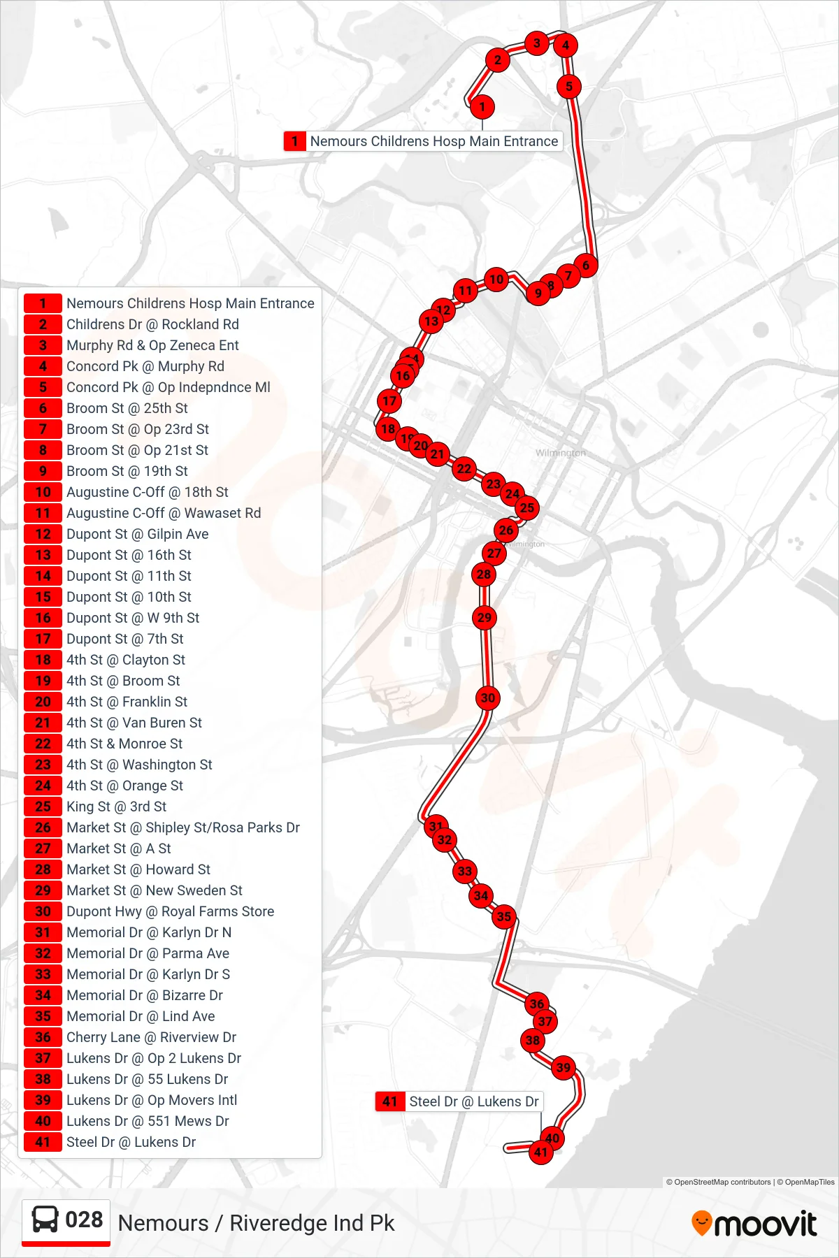 028 bus Line (28 Wilmington Dmv - Riveredge Ind Pk) route and stops on a map