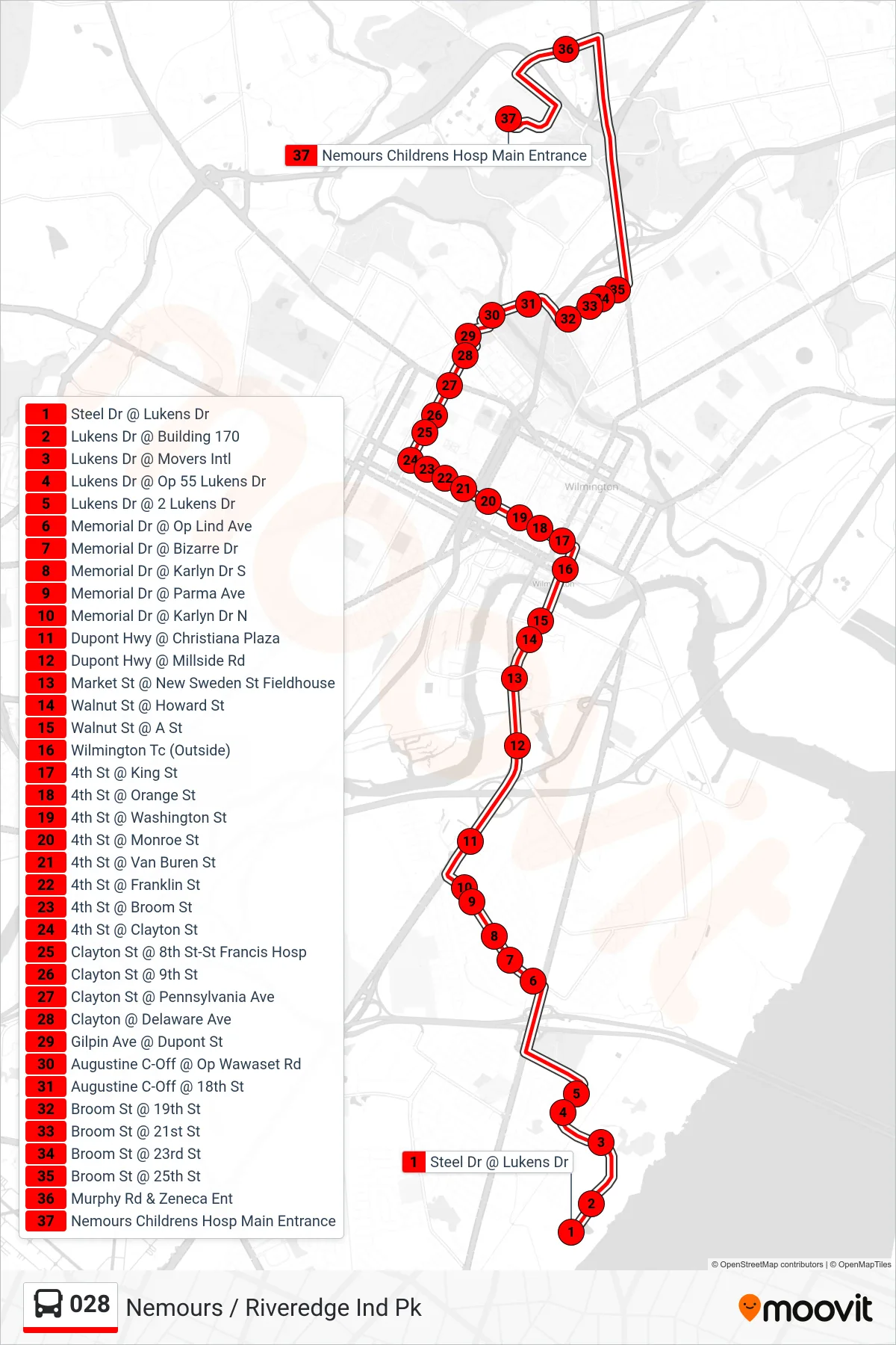 028 bus Line (28 Nemours Child Hosp) route and stops on a map