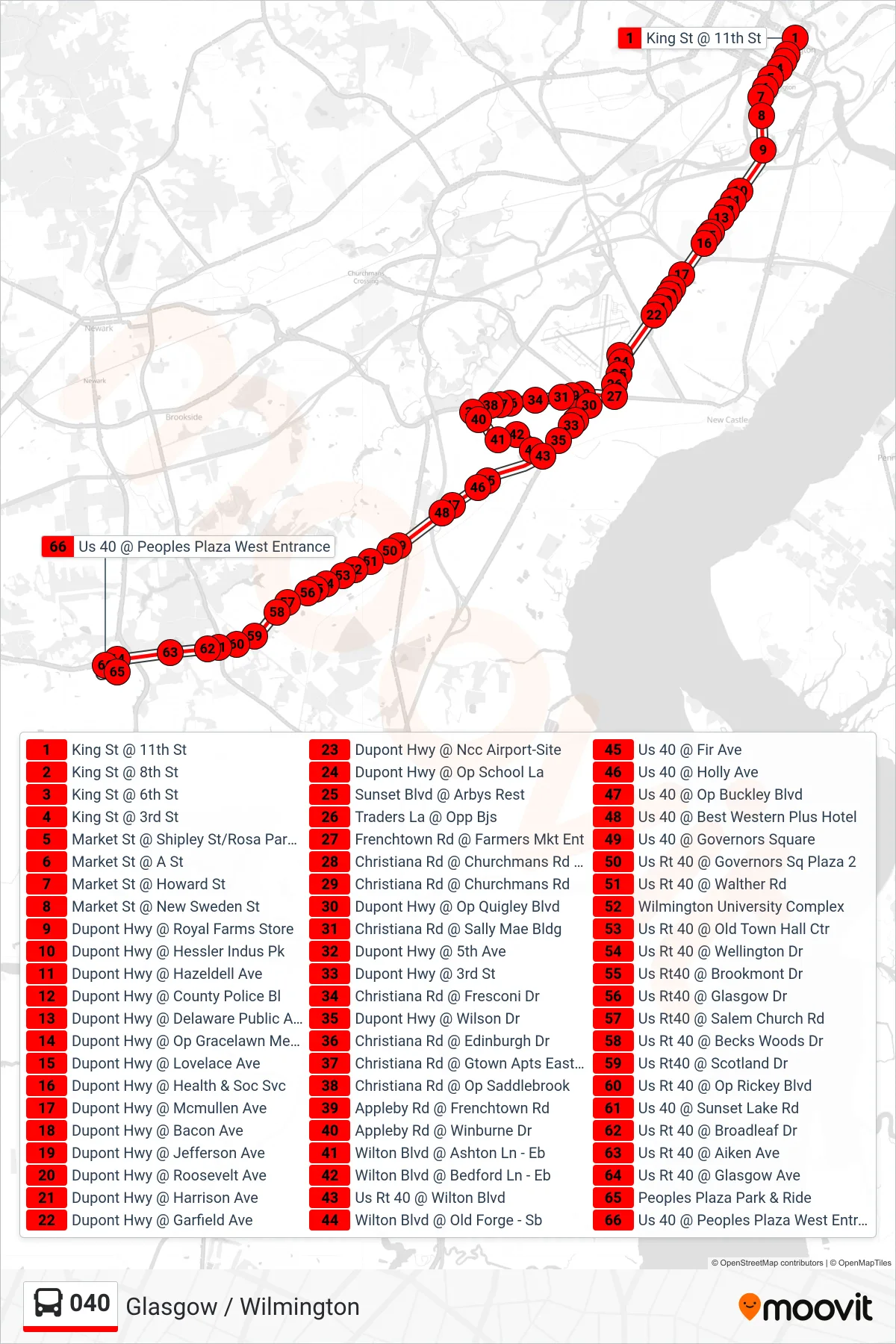 040 bus Line (40 Peoples Plaza) route and stops on a map