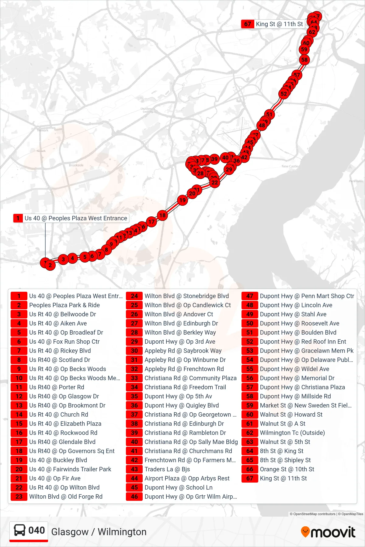 040 bus Line (40 Wilmington) route and stops on a map