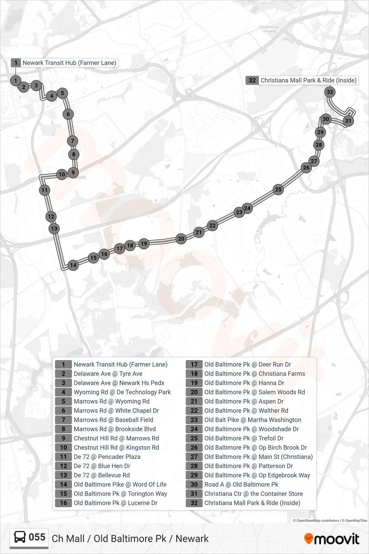 055 bus Line (55 Christiana Mall) route and stops on a map