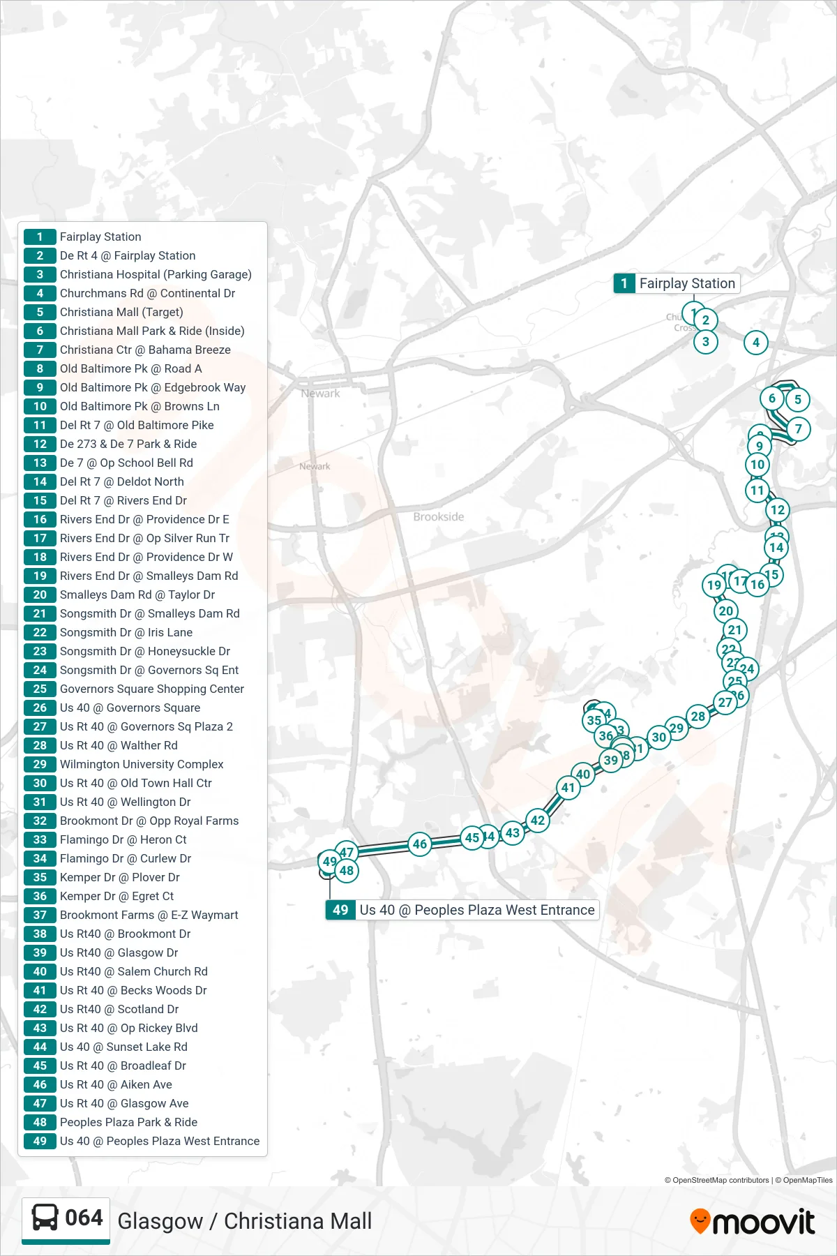 064 bus Line (64 Peoples Plaza) route and stops on a map