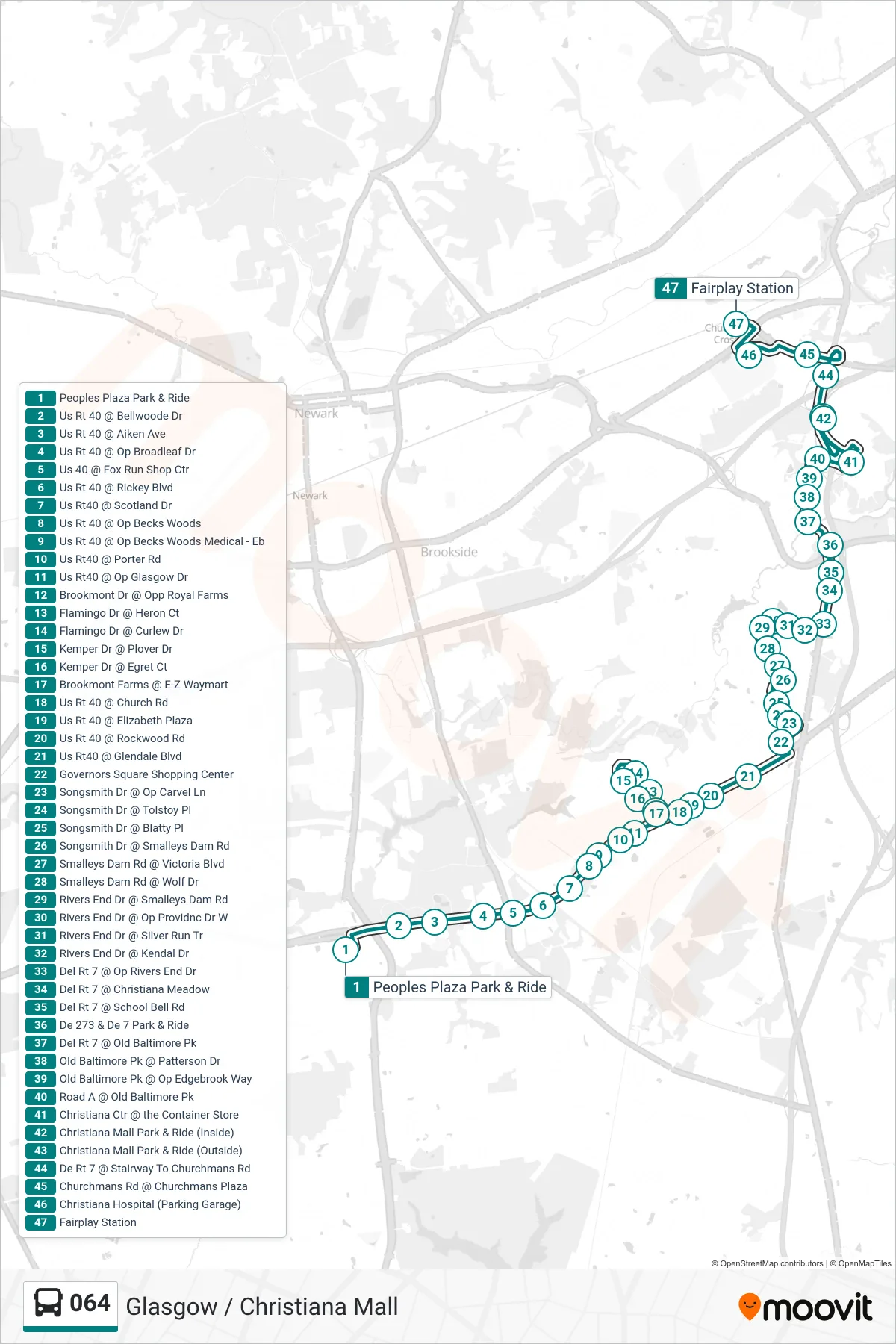 064 bus Line (64 Christiana Hospital - Fairplay Station) route and stops on a map
