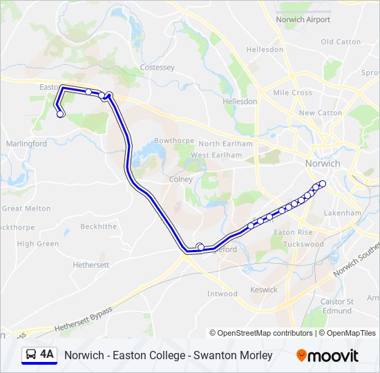 Norwich Bus Routes Map 4A Route: Schedules, Stops & Maps - Norwich City Centre (Updated)