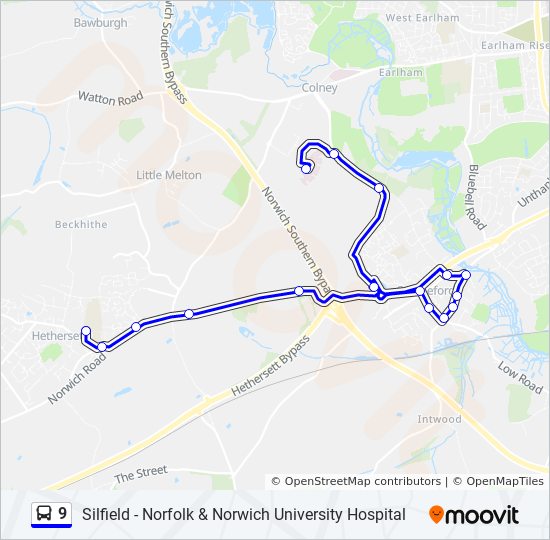 Norwich Bus Routes Map 9 Route: Schedules, Stops & Maps - Norfolk & Norwich University Hospital  (Updated)