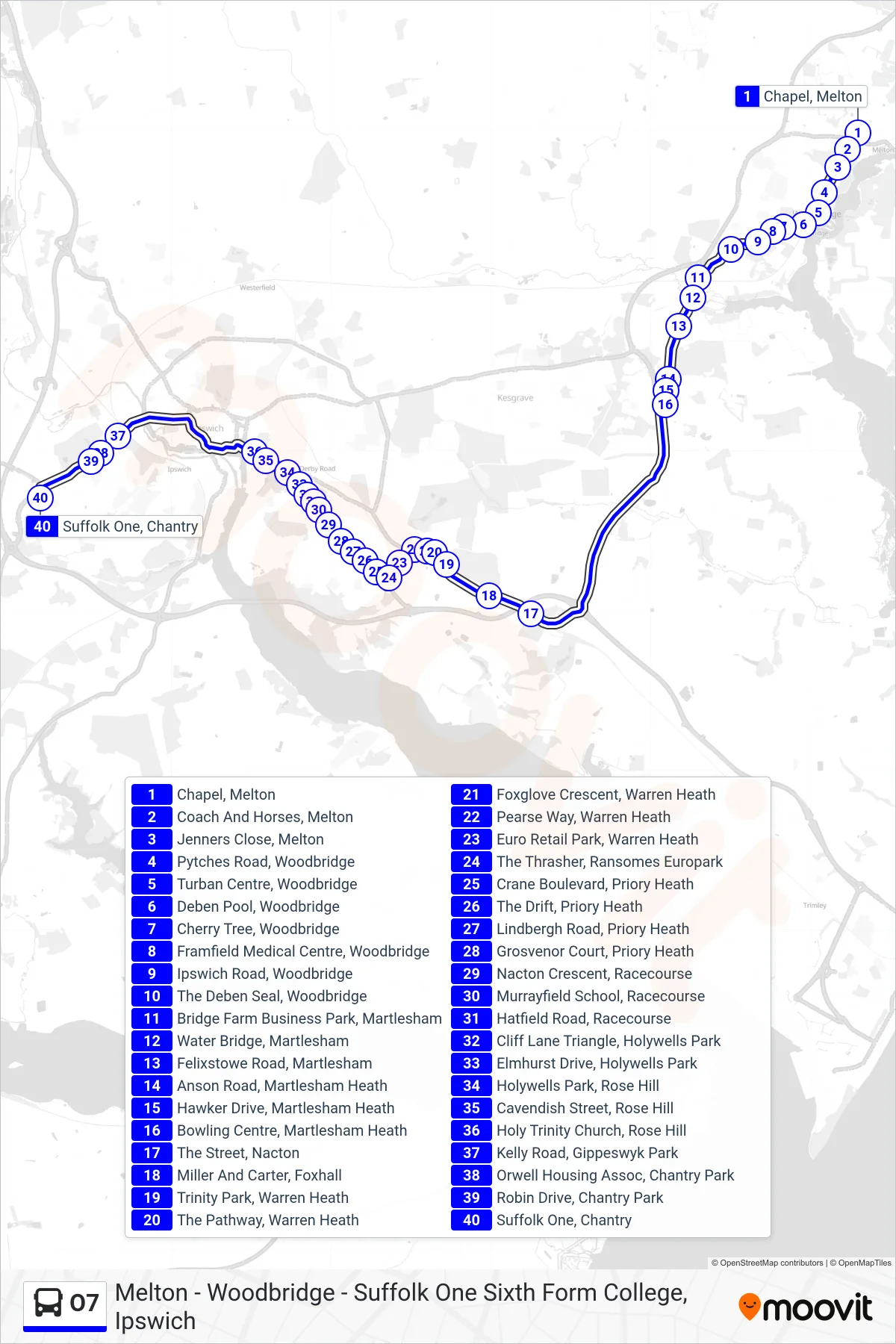 O7 tram Line (Chantry) route and stops on a map