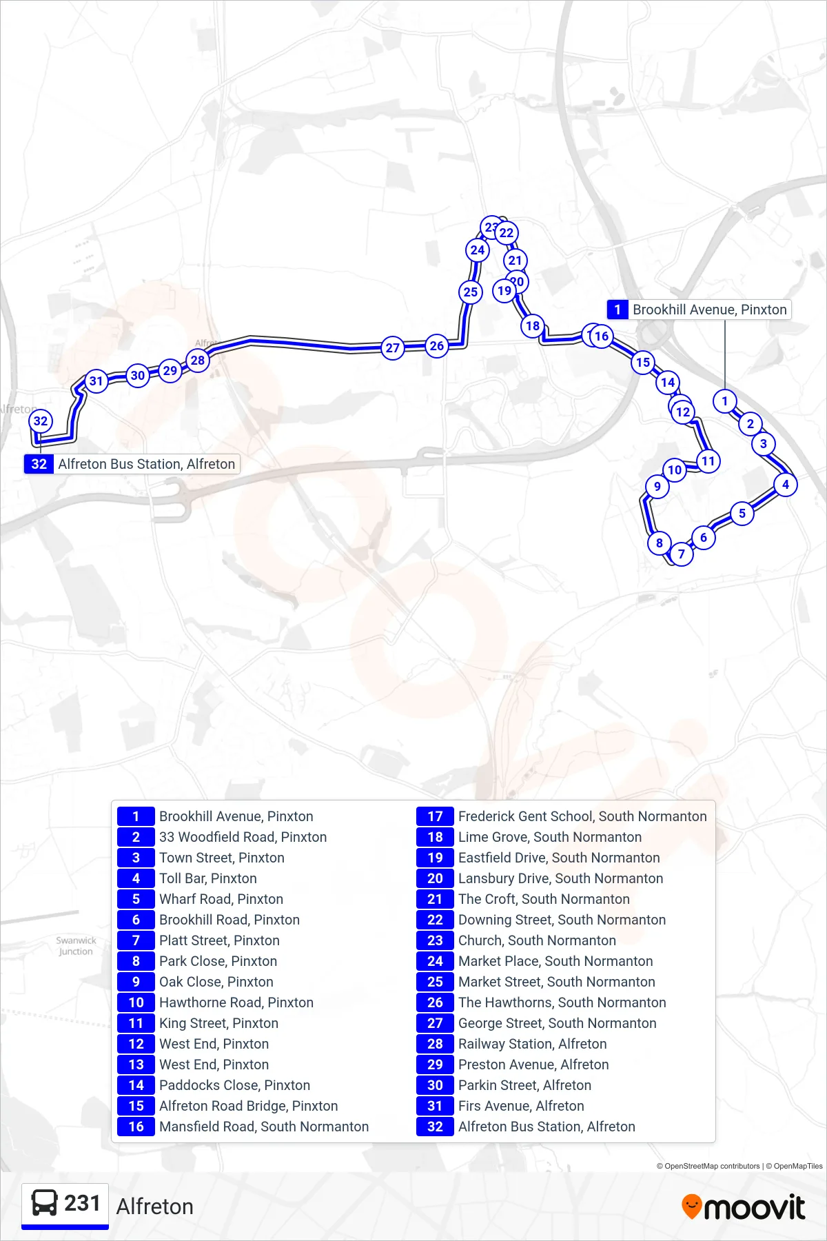 231 bus Line (Alfreton) route and stops on a map
