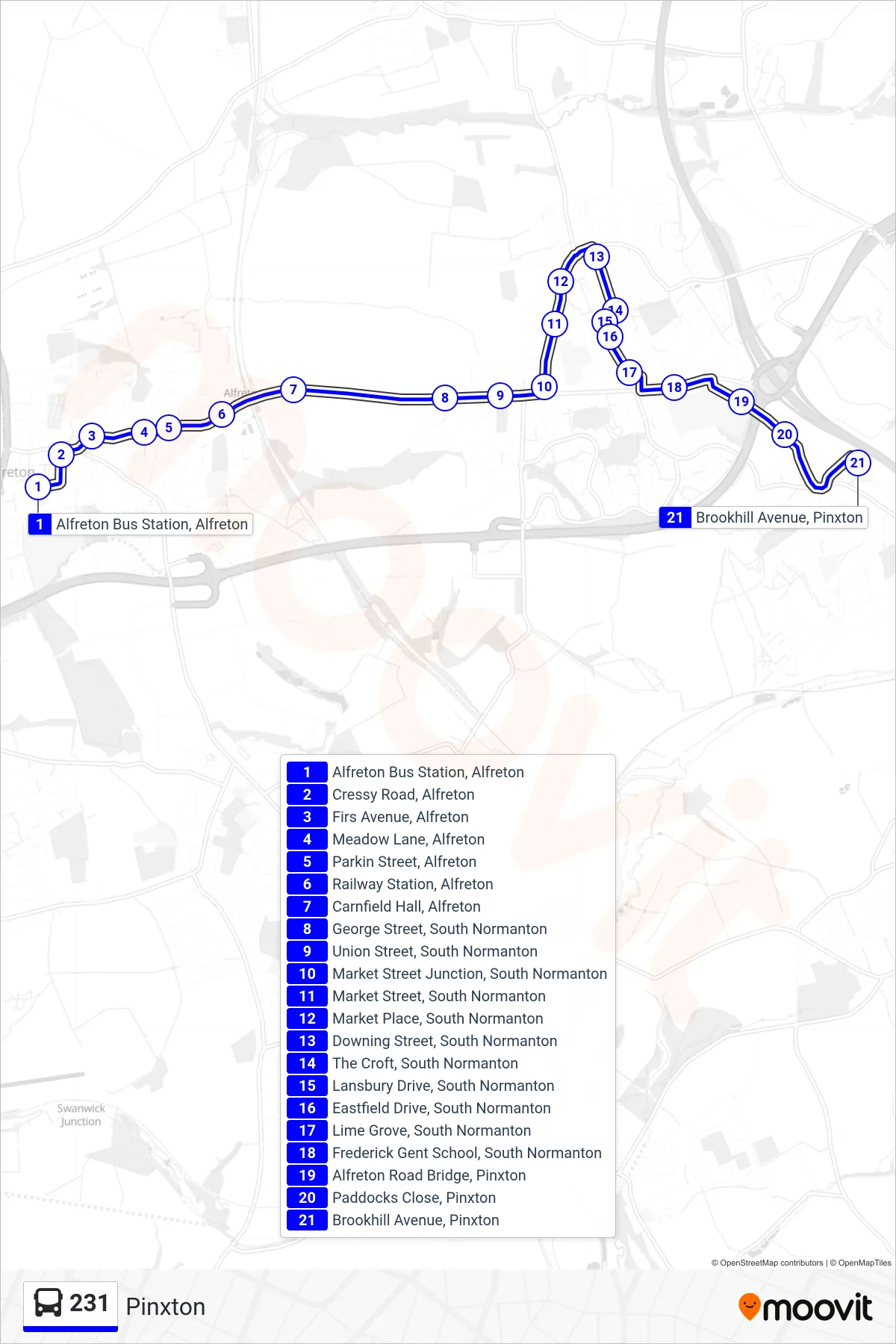 231 bus Line (Pinxton) route and stops on a map
