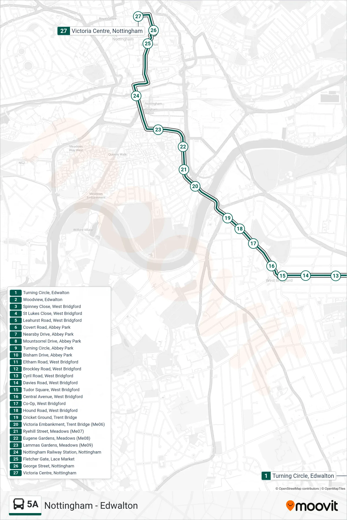 5A bus Line (Nottingham) route and stops on a map
