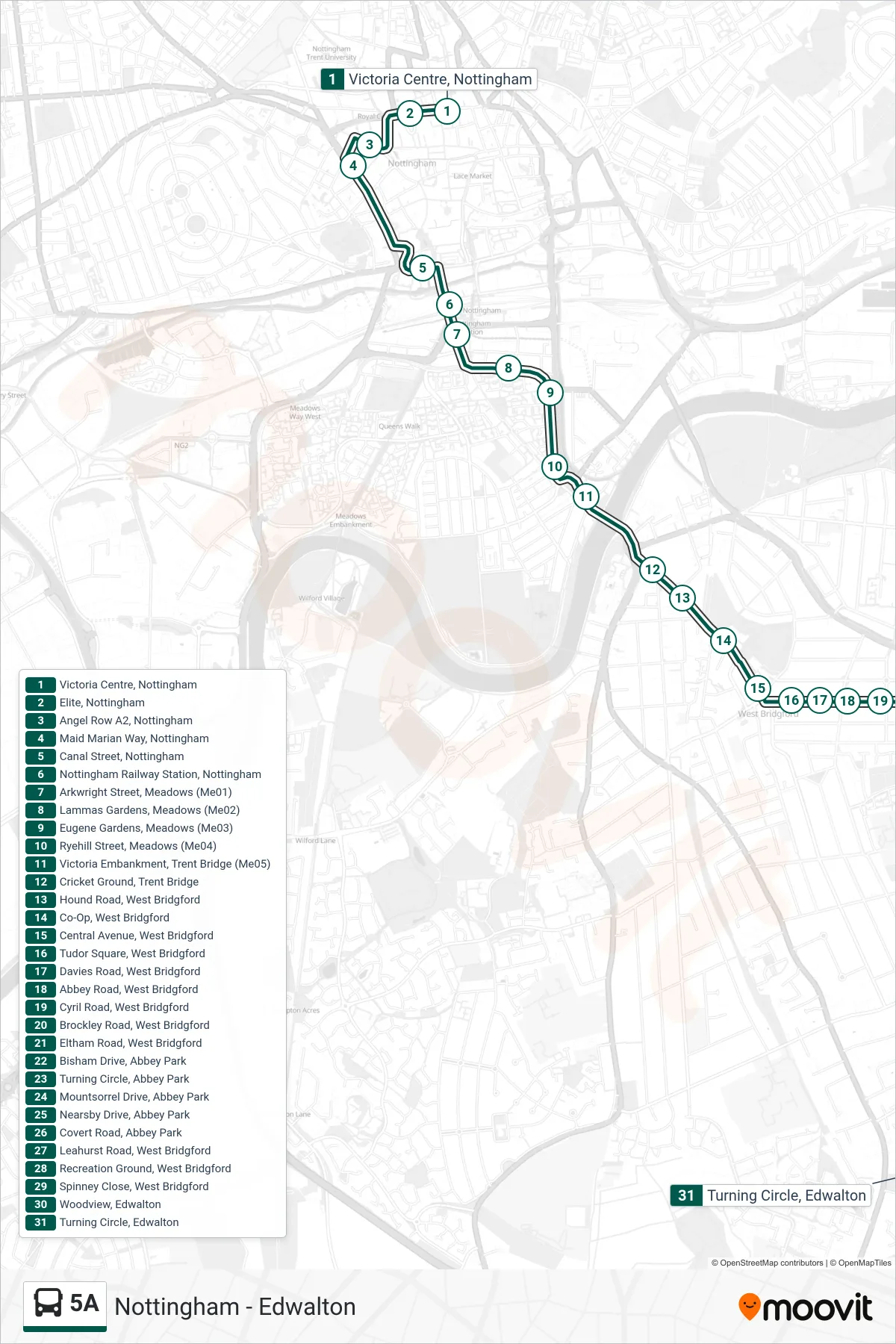 5A bus Line (Edwalton) route and stops on a map