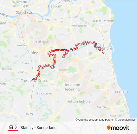 8 Route - Stanley - Sunderland: Schedules, Stops & Maps - Chester-Le ...