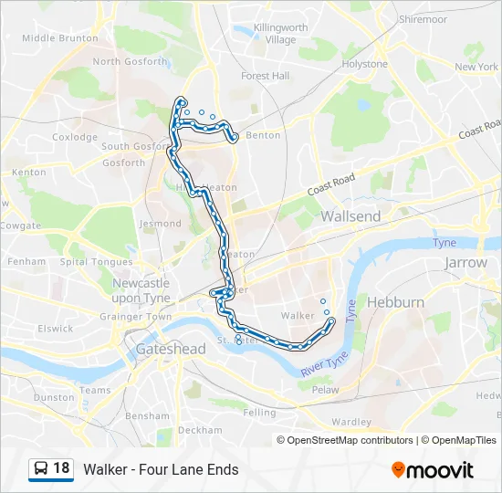 18 Route: Schedules, Stops & Maps - Four Lane Ends (Updated)