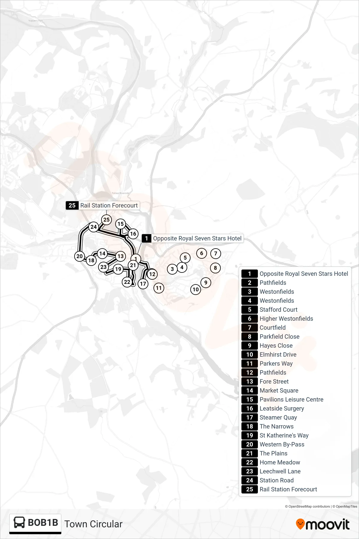 BOB1B bus Line (Town Circular) route and stops on a map