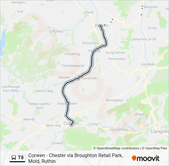 T8 Route - Corwen - Chester via Ruthin, Mold, Broughton Retail Park ...