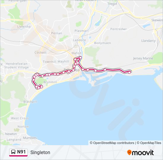 N91 bus Line Map