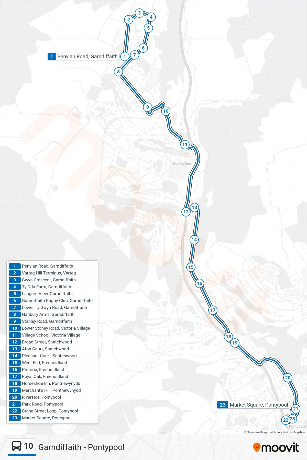 10 bus Line (Pontypool) route and stops on a map