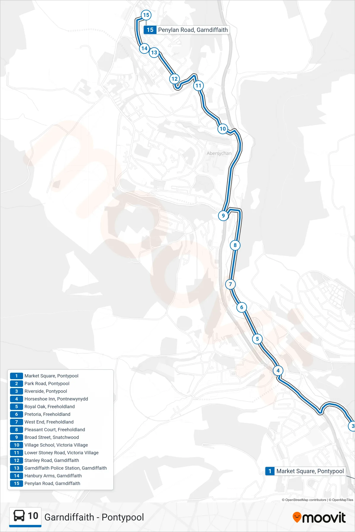 10 bus Line (Garndiffaith) route and stops on a map