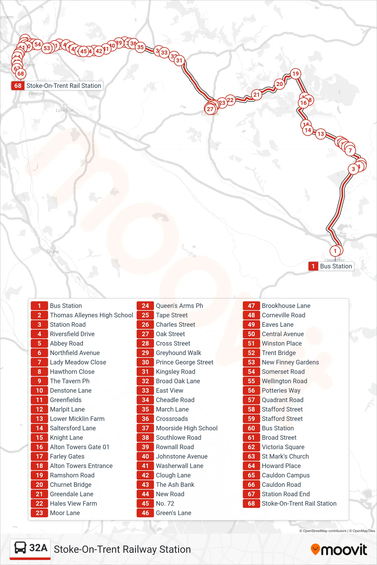 32A bus Line (Stoke-On-Trent Railway Station) route and stops on a map