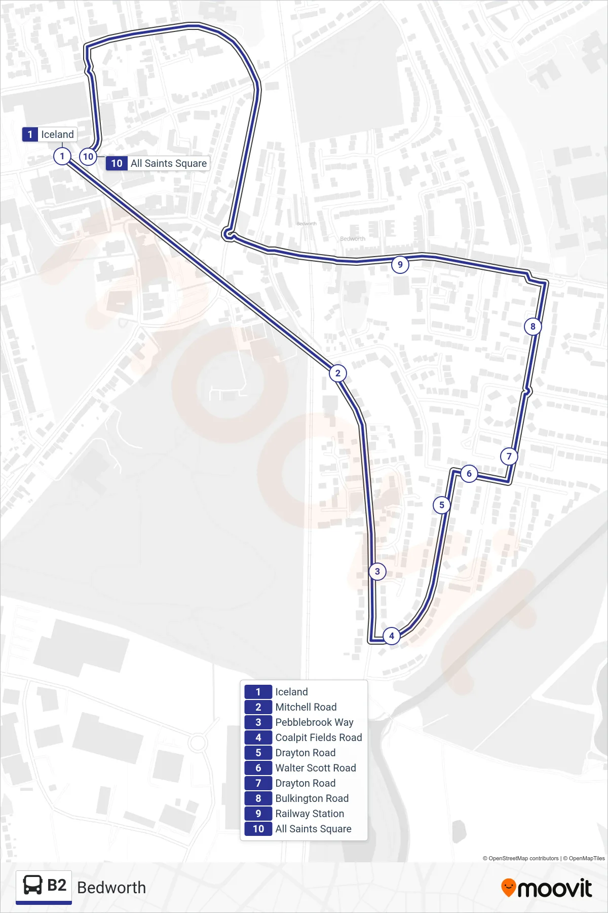 B2 bus Line (All Saints Square) route and stops on a map